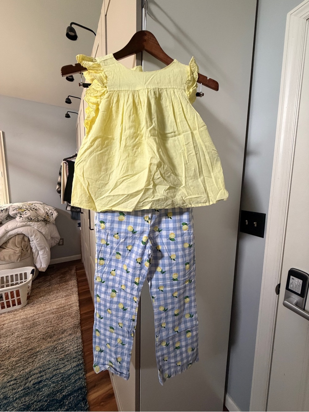 Janie and Jack Yellow Ruffle Top with Blue Gingham Lemon Pants Pajama Set